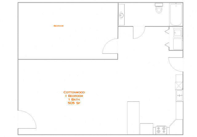 Floor plan for 1 bed, 1 bath, 600 sqft