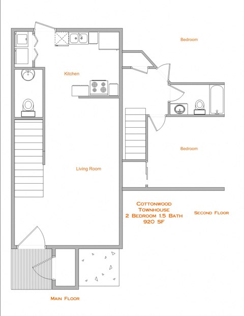 Floor plan for 2 beds, 1.5 baths, 875 sqft