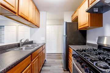 Ann Arbor apartment for rent - A kitchen with a black fridge and stove top oven.