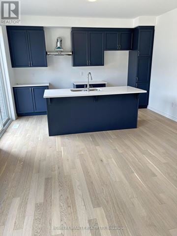 Kitchener apartment for rent - A kitchen with dark blue cabinets and a white countertop.