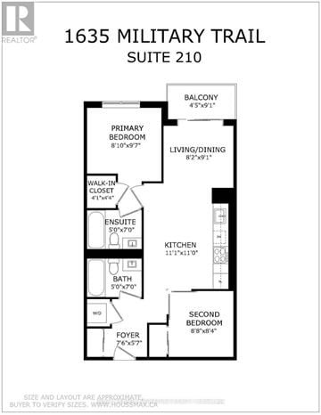 Toronto (Centennial Scarborough) condo for rent - A floor plan for 1635 Military Trail Suite 210 shows the layout of the bedrooms, kitchen, and living areas.