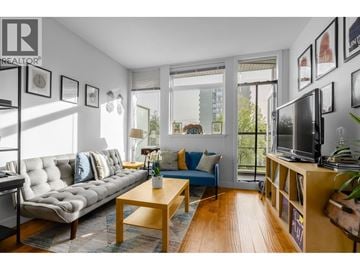 Vancouver apartment for rent - A living room with a grey couch, a wooden coffee table, and a television on a wooden stand.