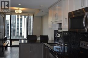 Waterloo condo for rent - A modern kitchen with a black counter top and stainless steel appliances.