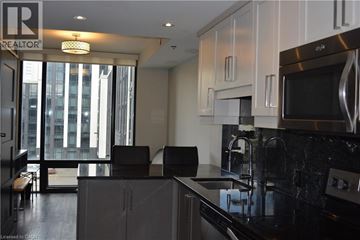 Waterloo condo for rent - A modern kitchen with a black counter top and stainless steel appliances.