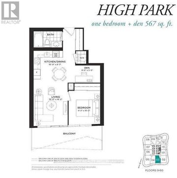Toronto (Bay Street Corridor) condo for rent - A black and white floor plan for High Park shows a one bedroom apartment with 567 square feet.