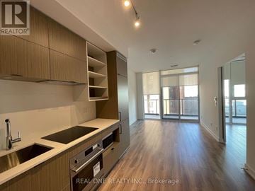 Toronto (Bay Street Corridor) condo for rent - A kitchen with wooden cabinets and a stainless steel sink.