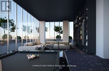 Toronto (Mount Pleasant West) condo for rent - A modern living room with a pool table and a view of trees outside the windows.