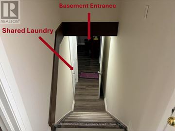 Burlington (Palmer) apartment for rent - A stairway leading to a basement entrance with a shared laundry area.