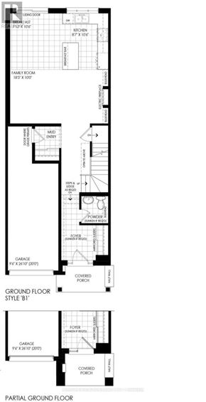 Pickering townhouse for rent - A floor plan of a house with a garage and a covered porch.