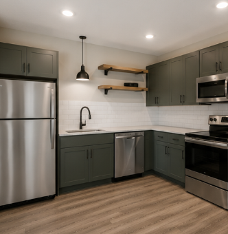 San Antonio apartment for rent - A kitchen with a stainless steel refrigerator and wooden shelves above the counter.
