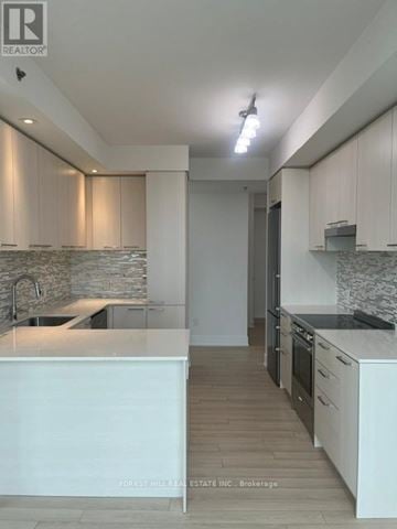 Toronto (Forest Hill South) house for rent - A modern kitchen with white cabinets and a stone backsplash.