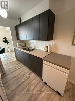 Toronto (Don Valley Village) condo for rent - A kitchen with black cabinets and a white dishwasher.