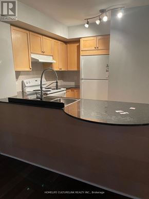 Toronto (Bayview Village) condo for rent - A kitchen with wooden cabinets and a black countertop.