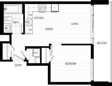 Surrey apartment for rent - A floor plan of a house with a living room, dining room, kitchen, bathroom, balcony, entry and bedroom.