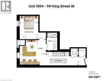 Kitchener condo for rent - A floor plan for a unit at 1504 - 741 King Street W shows a bedroom, living room, kitchen, and bathroom.