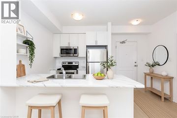 Stoney Creek condo for rent - A modern kitchen with white cabinets and a marble countertop.
