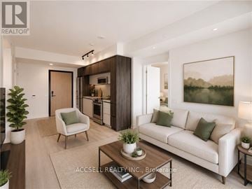 Vaughan (Vaughan Corporate Centre) condo for rent - A modern living room with a white sofa and a coffee table.