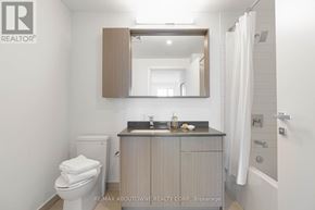 Oakville (Br Bronte) condo for rent - A bathroom with a toilet, sink, and mirror.