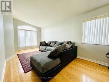 Niagara Falls (Forestview) apartment for rent - A living room with a grey couch and a red rug.