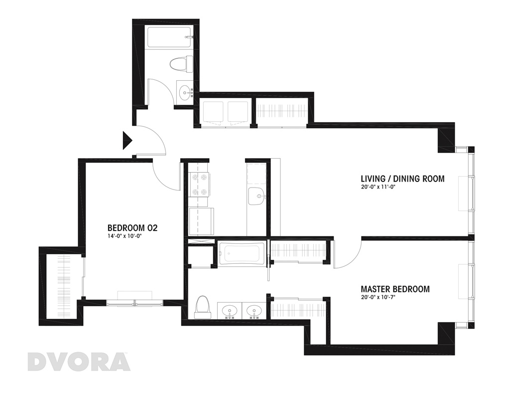 Floor plan for 2 beds, 2 baths, 945 sqft