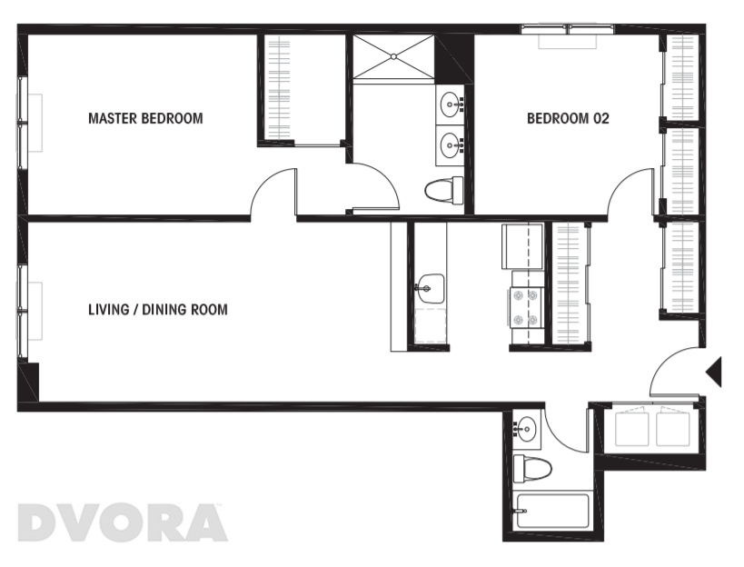 Floor plan for 2 beds, 2 baths, 1046 sqft