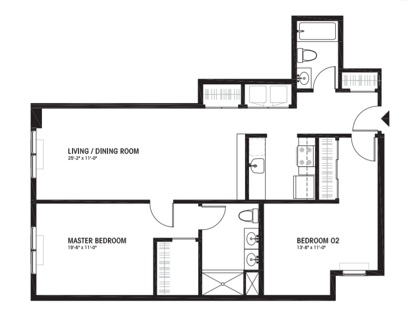 Floor plan for 2 beds, 2 baths, 1077 sqft