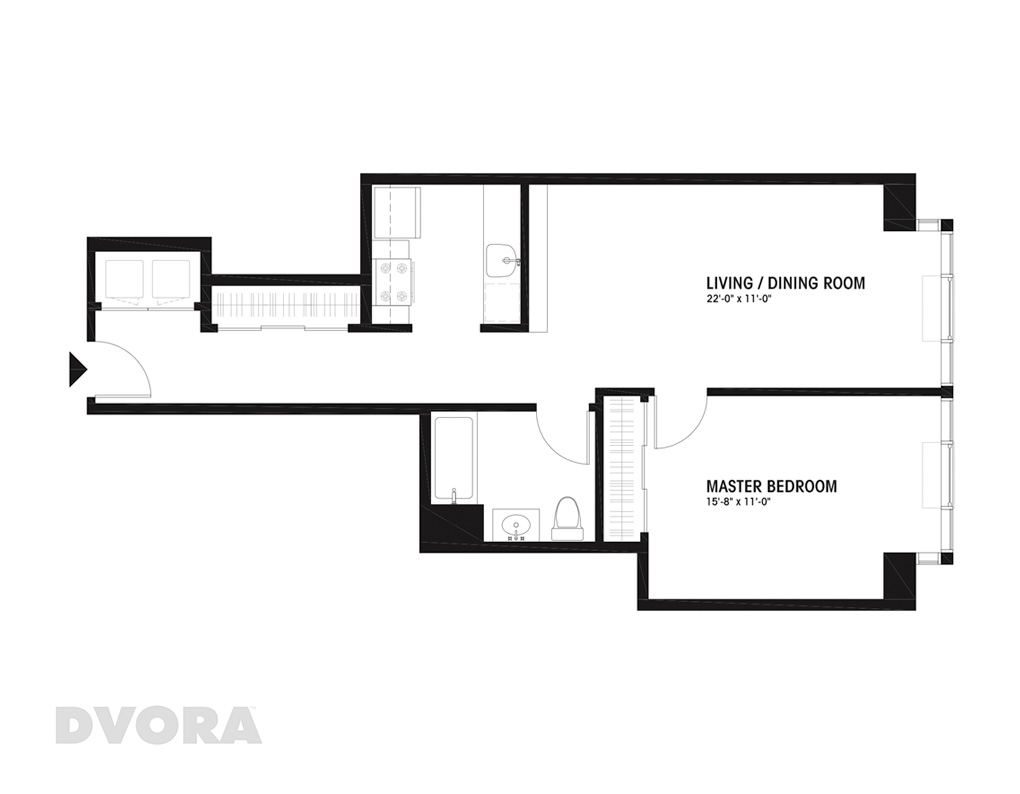 Floor plan for 1 bed, 1 bath, 744 sqft