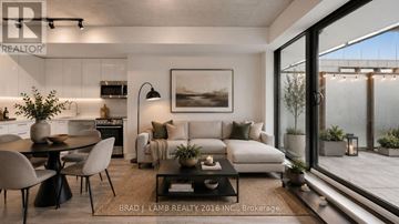 Toronto (Moss Park) condo for rent - A modern living room with a dining table and chairs, a sofa, and a view of the outdoors through large windows.