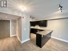 Whitchurch-Stouffville (Stouffville) condo for rent - A modern kitchen with a black countertop and a wooden floor.
