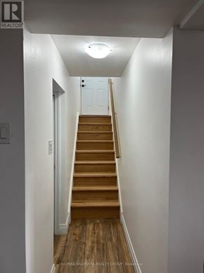 Ottawa apartment for rent - A hallway with a staircase leading to a door at the top.