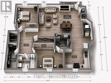 Mississauga (East Credit) apartment for rent - A floor plan of an apartment with a living room, dining area, kitchen, and multiple bedrooms.