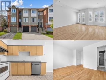 Richmond Hill (Langstaff) townhouse for rent - A collage of images showing the exterior, kitchen, and two bedrooms of a property.