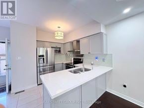 Oakville (Ro River Oaks) townhouse for rent - A white kitchen with a sink and a refrigerator.