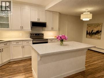 Mississauga condo for rent - A kitchen with white cabinets and a white island.