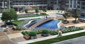 Toronto (Woburn) condo for rent - A rendering of a courtyard with a pool and a bridge.