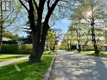 Toronto (Hillcrest Village) apartment for rent - A residential street with the text overlay describing it as an upscale neighborhood with top-ranking schools.