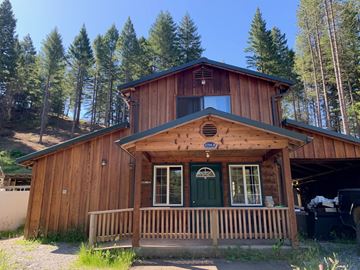 Hayfork apartment for rent - A wooden cabin with a green door and windows is surrounded by trees.