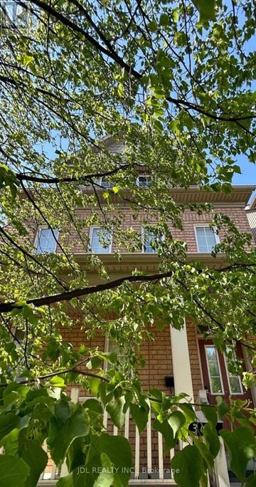 Toronto (York University Heights) apartment for rent - A tree branch with green leaves is in the foreground of a brick building with a red door and white trim.