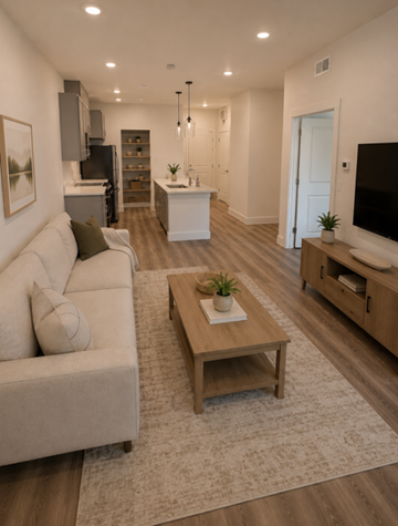 Tyler apartment for rent - A modern living room with a white sofa and wooden coffee table.