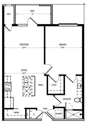 Tyler apartment for rent - A floor plan of a house with a living room, dining room, kitchen, bedroom, bathroom, pantry, laundry, and cloakroom.