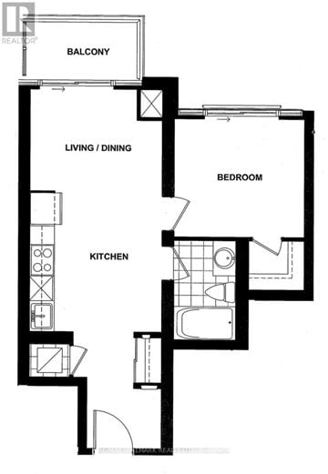 Oshawa (Windfields) condo for rent - A black and white image of a floor plan for a home with a balcony, living/dining area, bedroom, and kitchen.