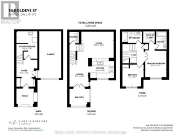 Whitby townhouse for rent - A floor plan for a home at 10 Goldeye St, Whitby shows the layout of the main, second, and third floors.