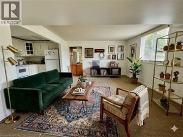 Cambridge apartment for rent - A living room with a green couch, a coffee table, and a chair with a blanket on it.