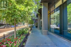 Toronto (Church-Yonge Corridor) condo for rent - A sidewalk with a metal fence and flowers runs alongside a street.
