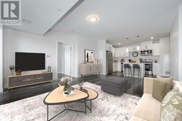 Guelph (Clairfields/Hanlon Business Park) condo for rent - A modern living room with a coffee table in the center.