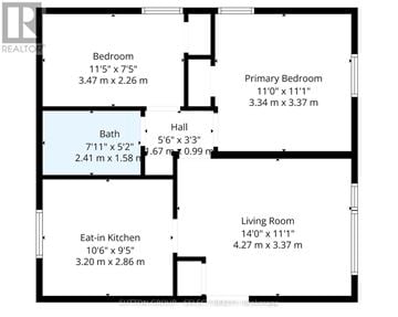 London East (East F) multi-family for rent - A floor plan of a house with a living room, two bedrooms, a bath, and an eat-in kitchen.