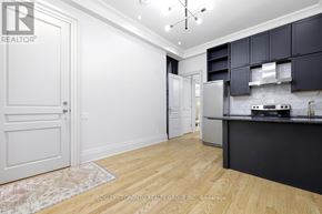Toronto (Roncesvalles) apartment for rent - A kitchen with a white door and a rug on the floor.