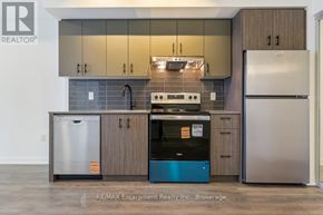 Burlington (Alton) house for rent - A modern kitchen with a stainless steel refrigerator, a blue dishwasher, and wooden cabinets.