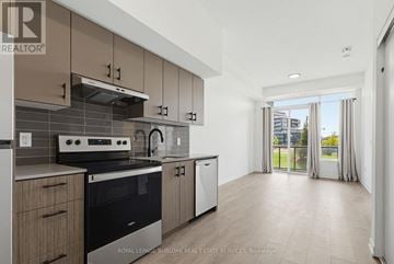 Burlington (Alton) condo for rent - A modern kitchen with a stove top oven and a dishwasher.