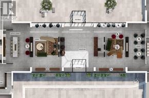 Toronto (Mimico) condo for rent - A top-down view of a courtyard with a coffee lounge, lounge, and dining area.